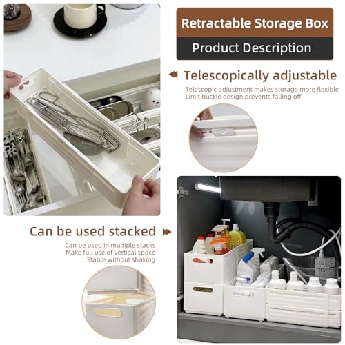 Retractable Plastic Storage Bins with Handles, Stackable, White, 3.84L, 3PCS T663