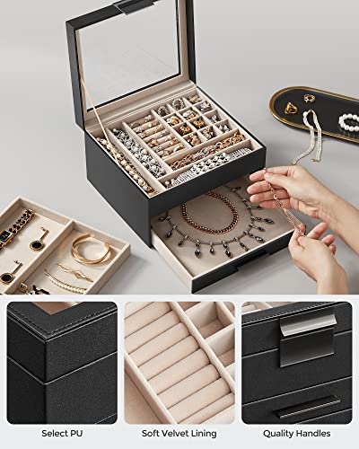SONGMICS Jewelry Box with Glass Lid, 4-Layer Organizer, Dove Gray and Gold R6030