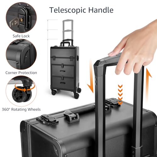 Yokilly Rolling Makeup Train Case, Aluminum Cosmetic Trolley with Swivel Wheels, Black B7317