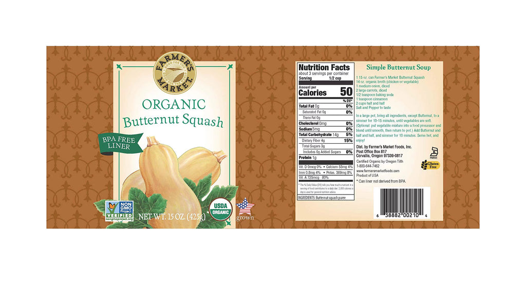 Farmer's Market Foods Organic Butternut Squash, 15 oz Cans (Pack of 12) K4574