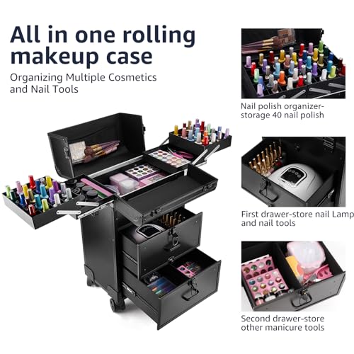 Yokilly Rolling Makeup Train Case, Aluminum Cosmetic Trolley with Swivel Wheels, Black B7317
