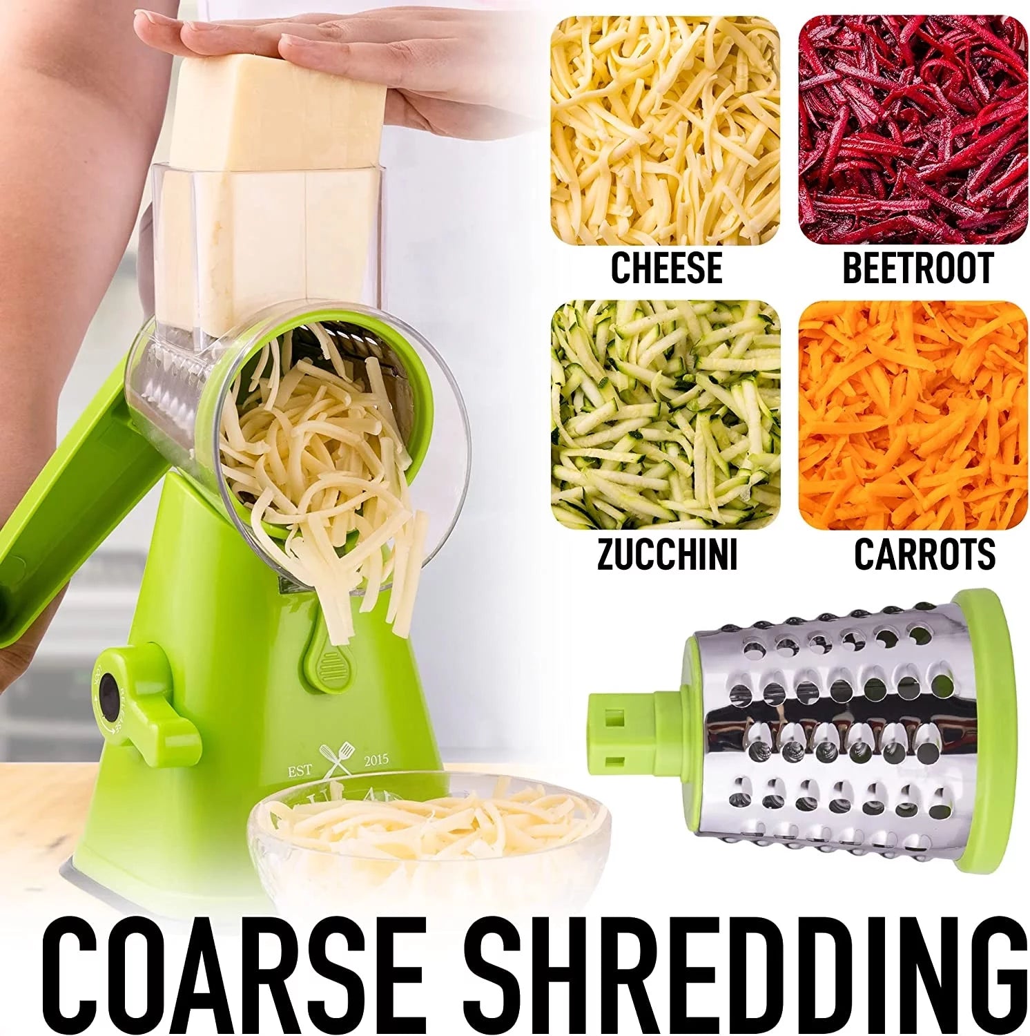 Zulay Kitchen Rotary Cheese Grater with 3 Stainless Steel Blades, Light Green A39278