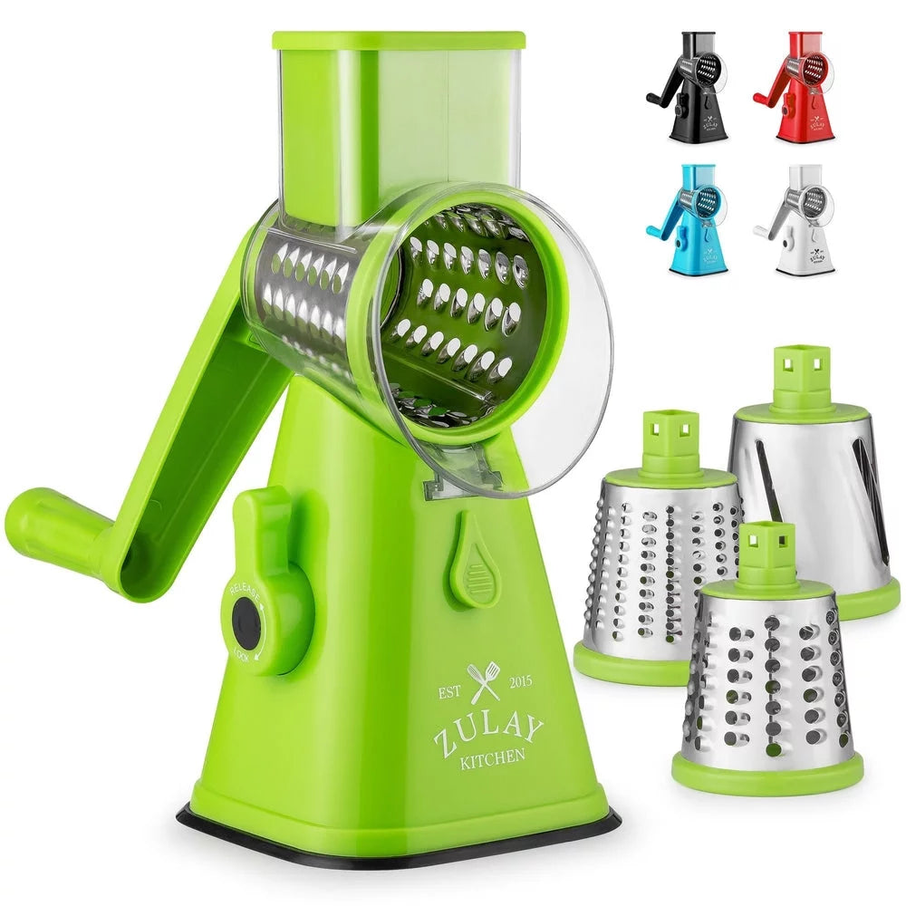Zulay Kitchen Rotary Cheese Grater Cheese Shredder 3 Replaceable Stainless Steel Blades Light Green