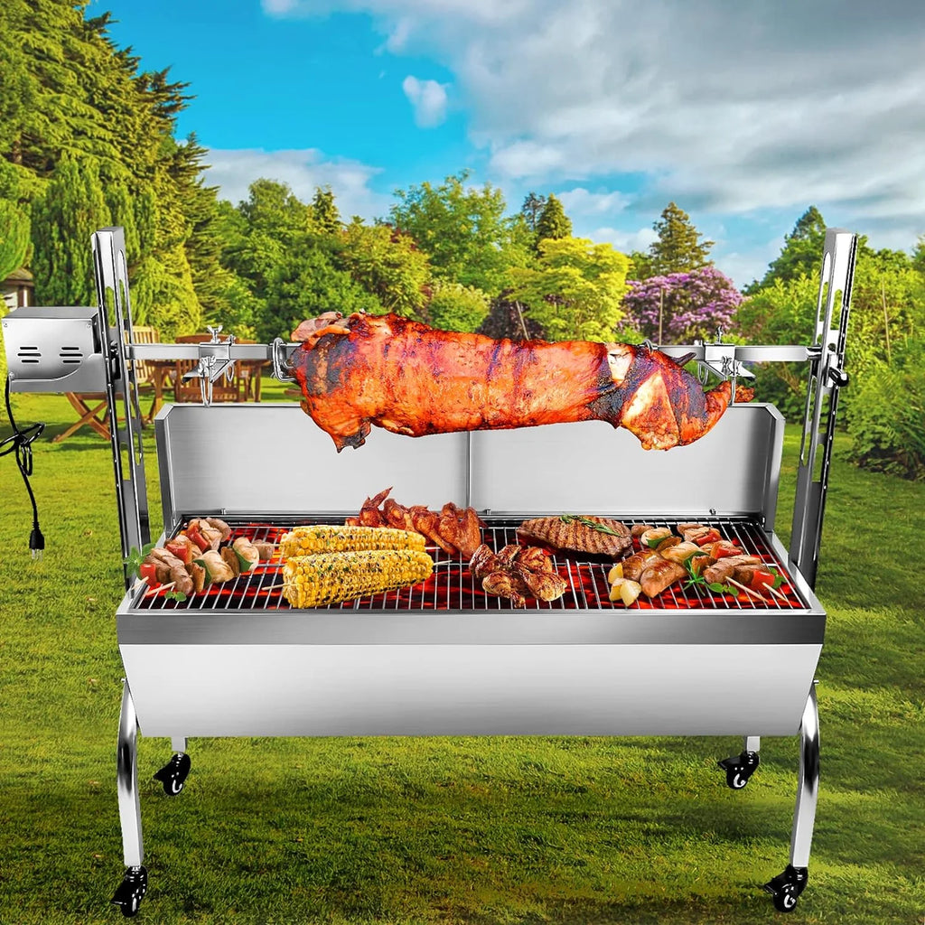 Stainless Steel Rotisserie Grill with Back Cover Guard, 25W Motor, 37'' Charcoal BBQ Z68024
