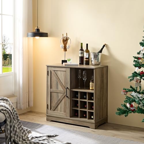 Farmhouse Coffee Bar Cabinet with Sliding Barn Door, Gray Wash O551