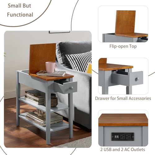 Side Table with Charging Post, USB Port and Storage Cabinet, Gray U495895
