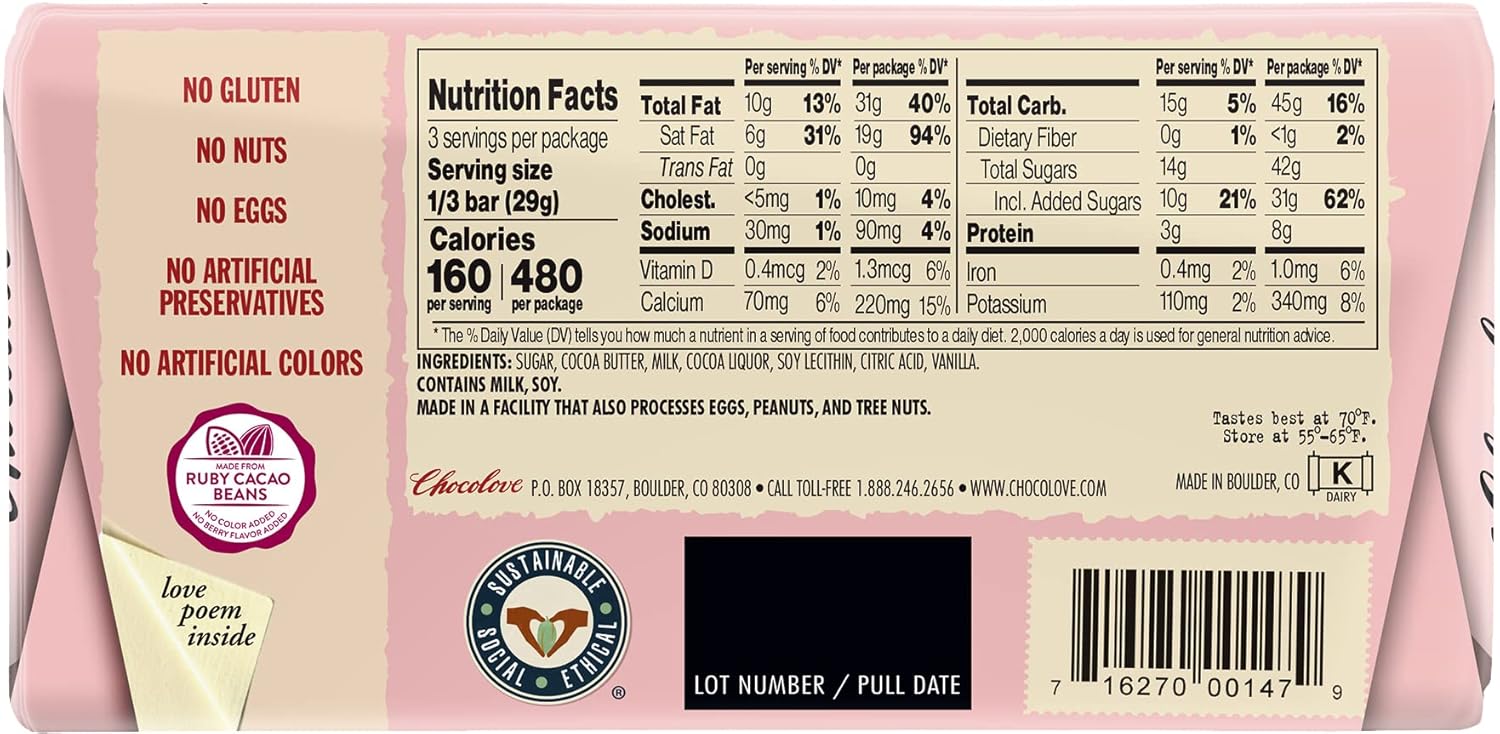 Chocolove Ruby Chocolate 34% Cacao 3.2oz Bar, 6 Pack M81448