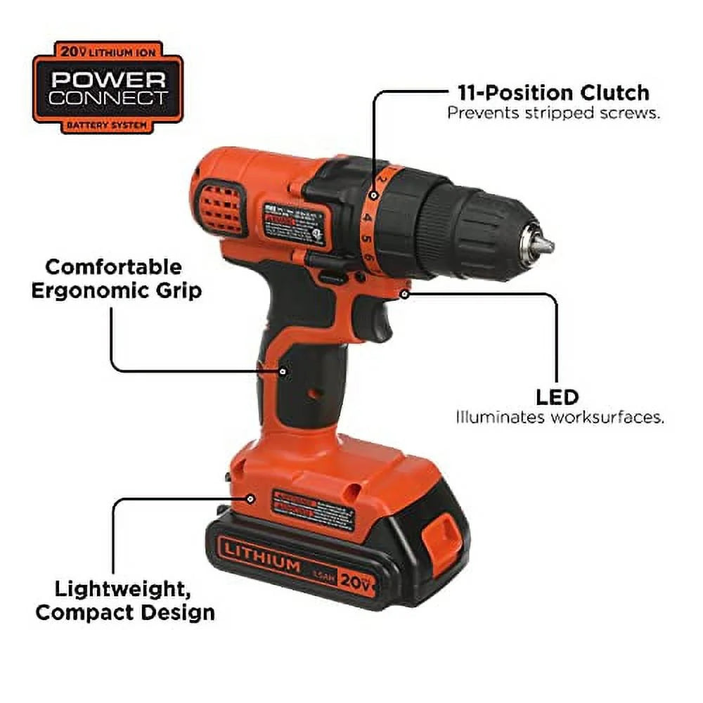 BLACK+DECKER 20V MAX Cordless Drill and Driver with Battery and Charger J84873