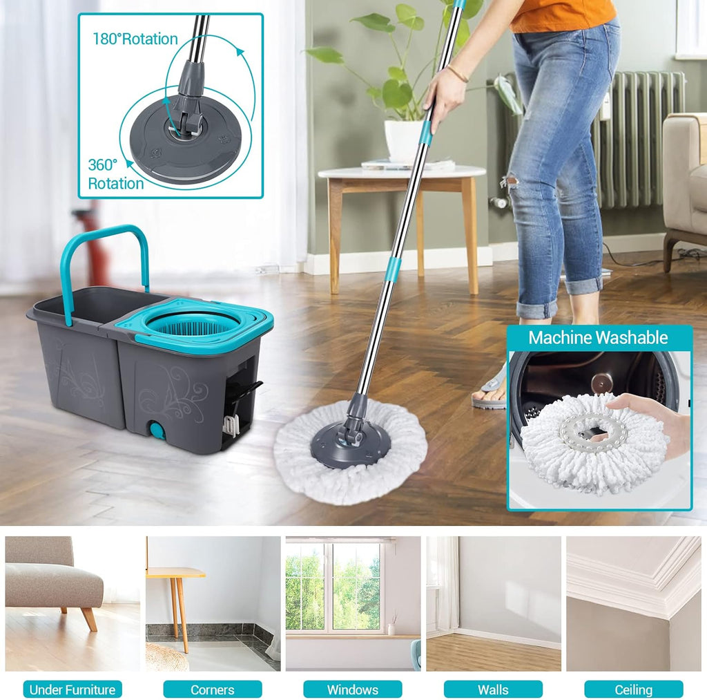 Mastertop Spin Mop and Bucket with Wringer, 6 Replacement Refills for Hardwood, Tile W942987