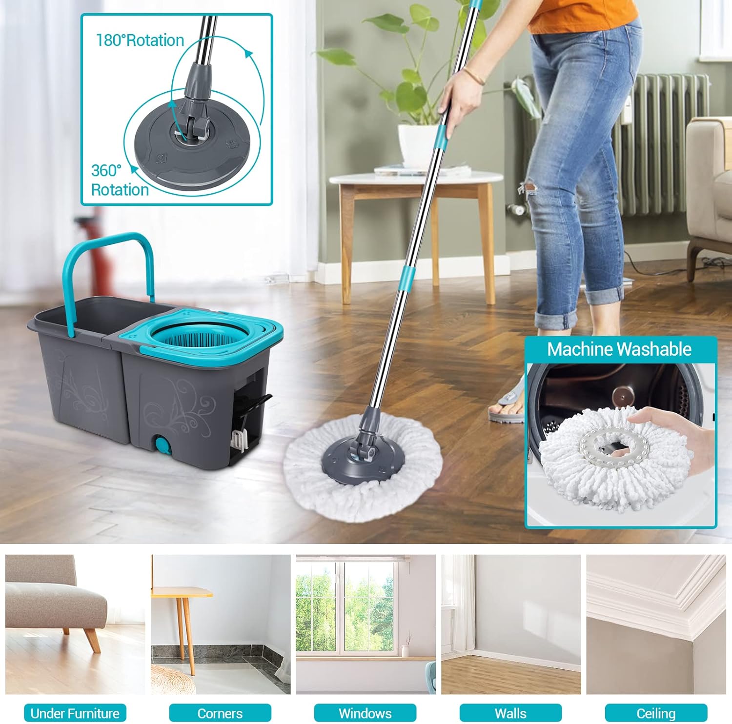 Mastertop Spin Mop and Bucket with Wringer, 6 Replacement Refills for Hardwood, Tile W942987