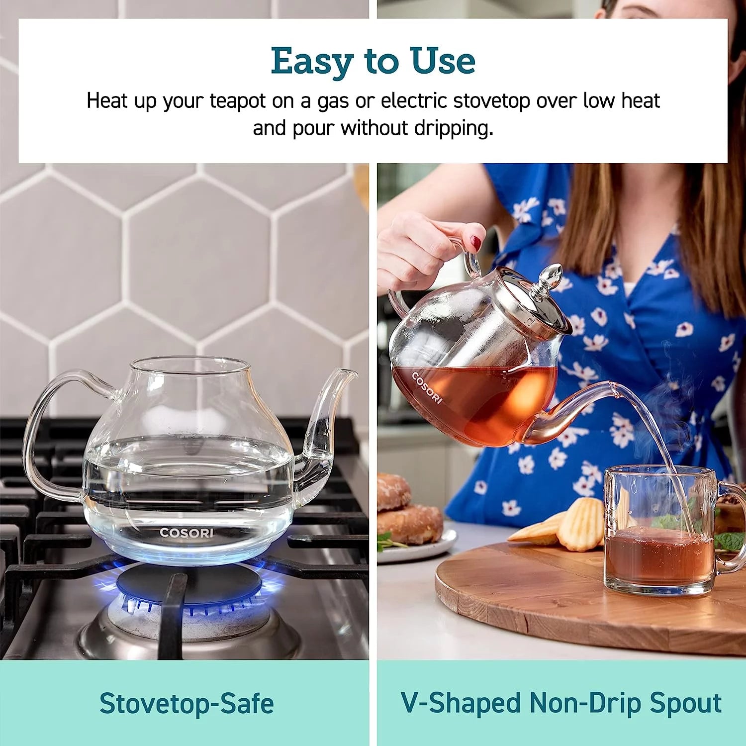 Cosori Glass Gooseneck Teapot with Stainless Steel Infuser, 1000 ml Y752029