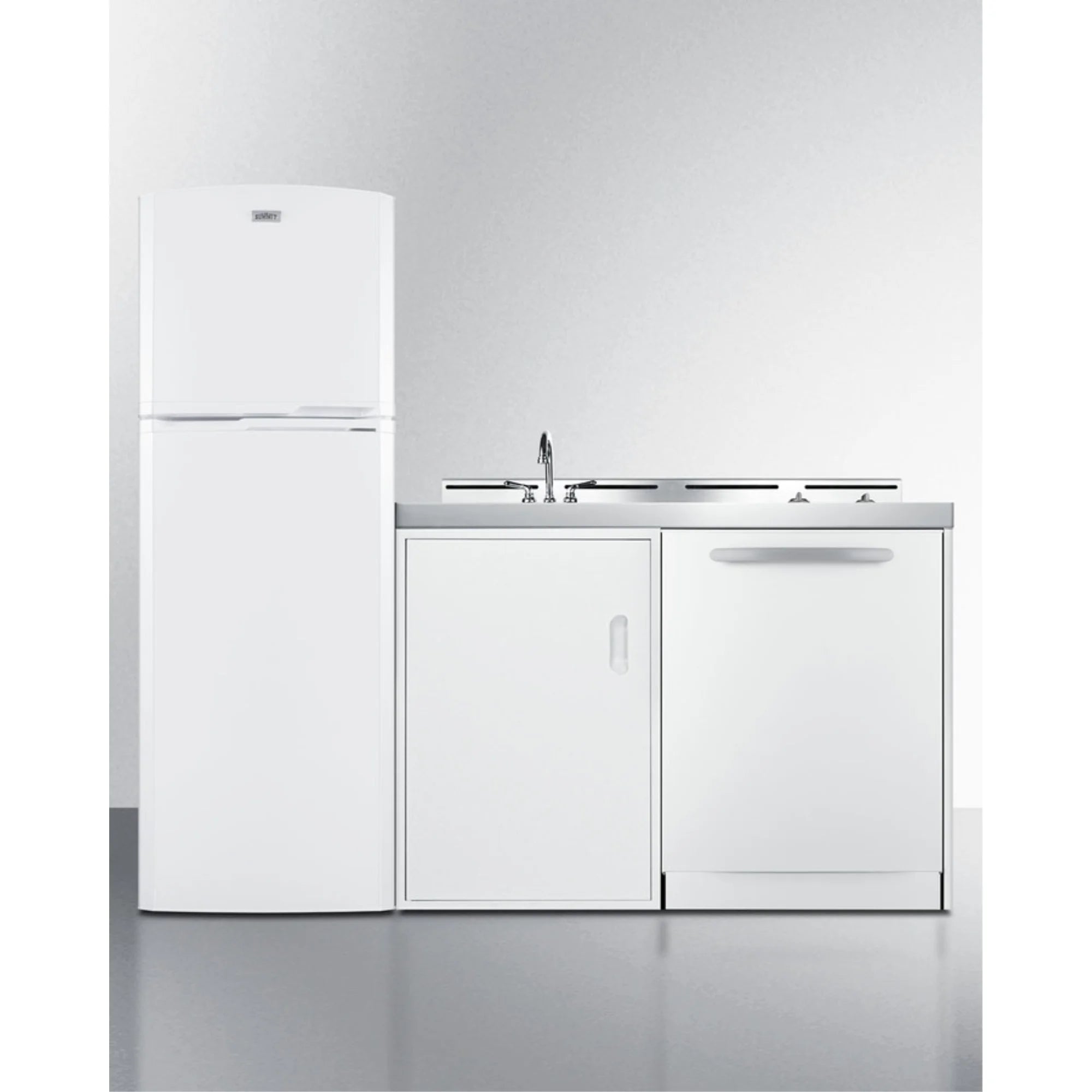 All-in-one kitchenette with full-size fridge, dishwasher, sink, and 2-burner cooktop N140