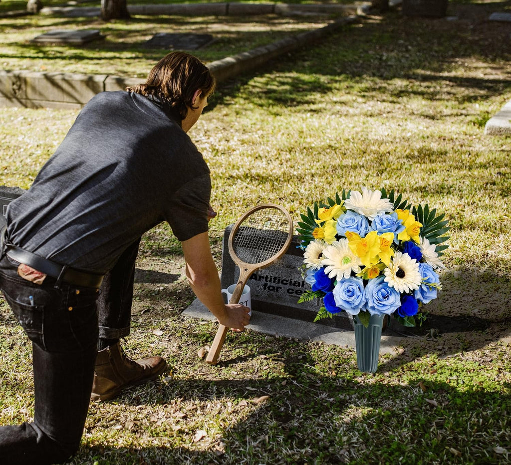 Artificial Cemetery Flowers for Grave with Headstone Vase and 2 Butterflies, Blue/White/Yellow V693110