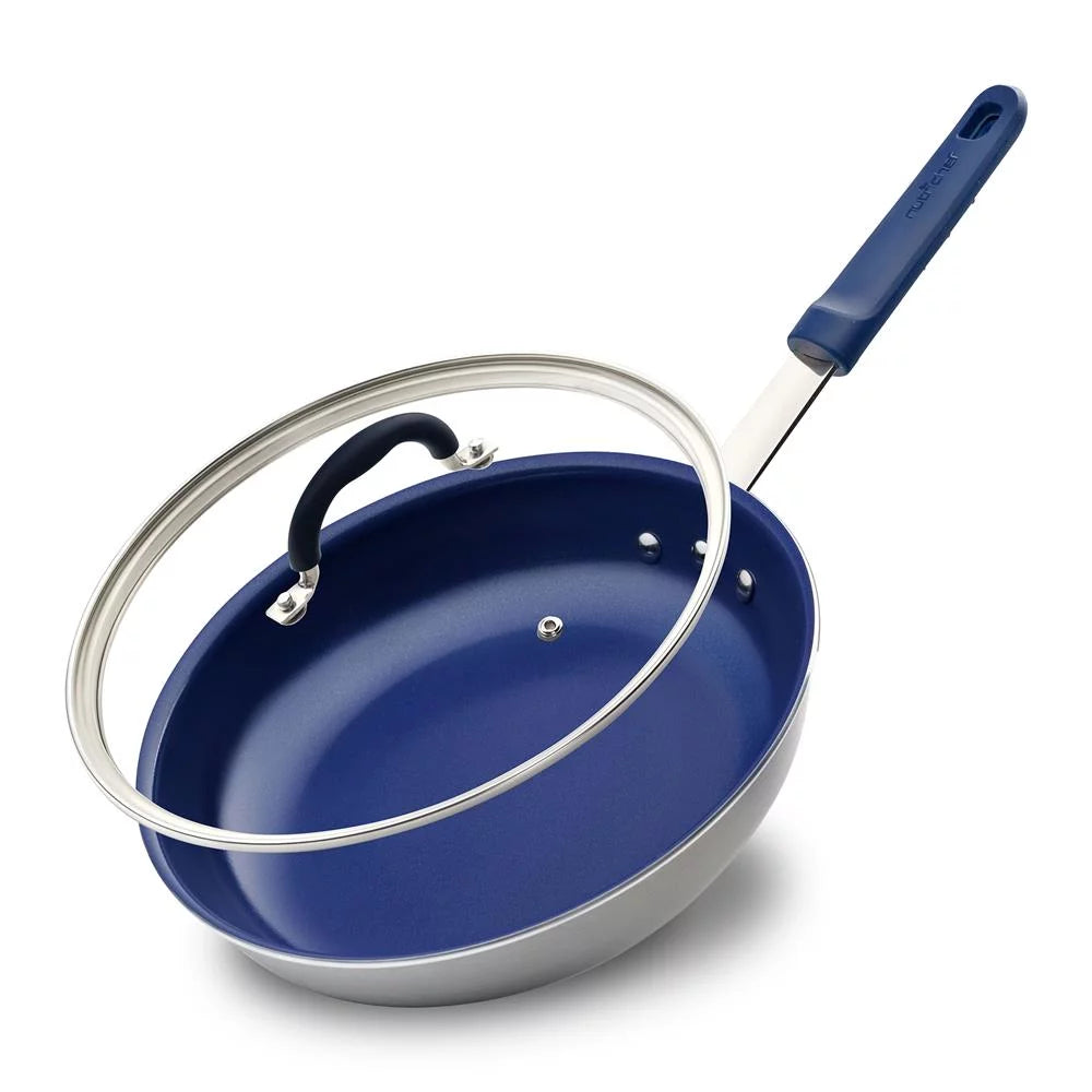 NutriChef 8" Small Skillet Nonstick Frying Pan W/ Lid, Blue Silicone Handle, Ceramic Coating