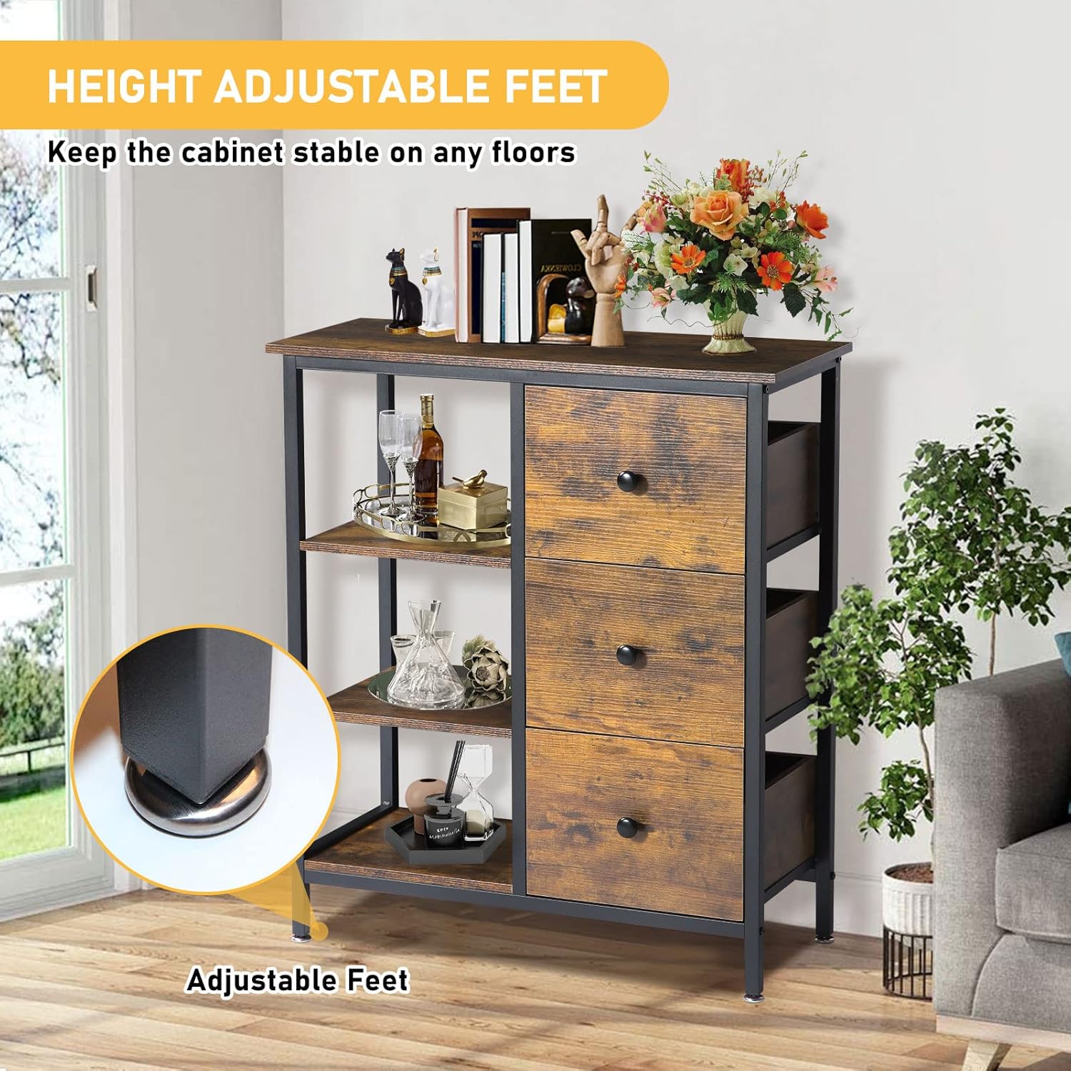 Farmhouse Coffee Station Cabinet with 3 Wooden Drawers & Shelves, Brown V16350