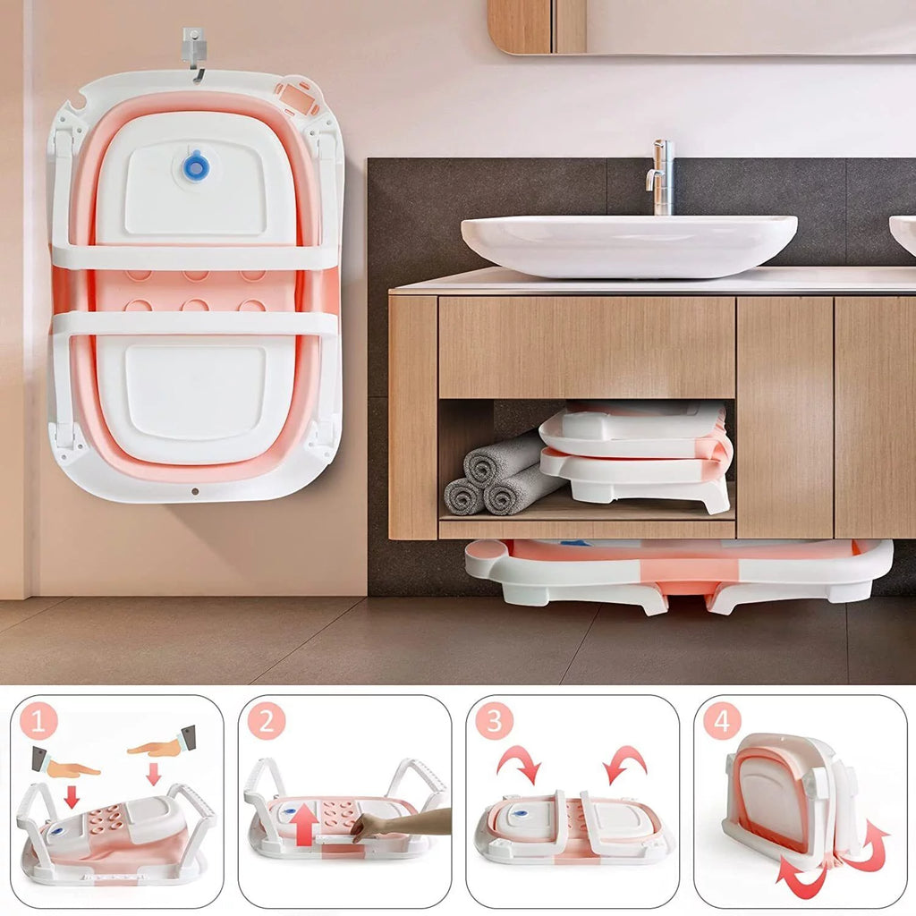 SHANNA Collapsible Newborn Bath Tub with Pillow and Temperature Sensor, Pink Y3888