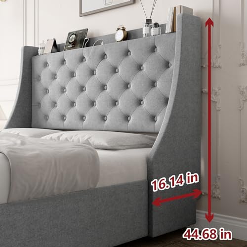 Queen Bed Frame with 4 Storage Drawers, USB Charging Station, Upholstered Wingback Headboard I776