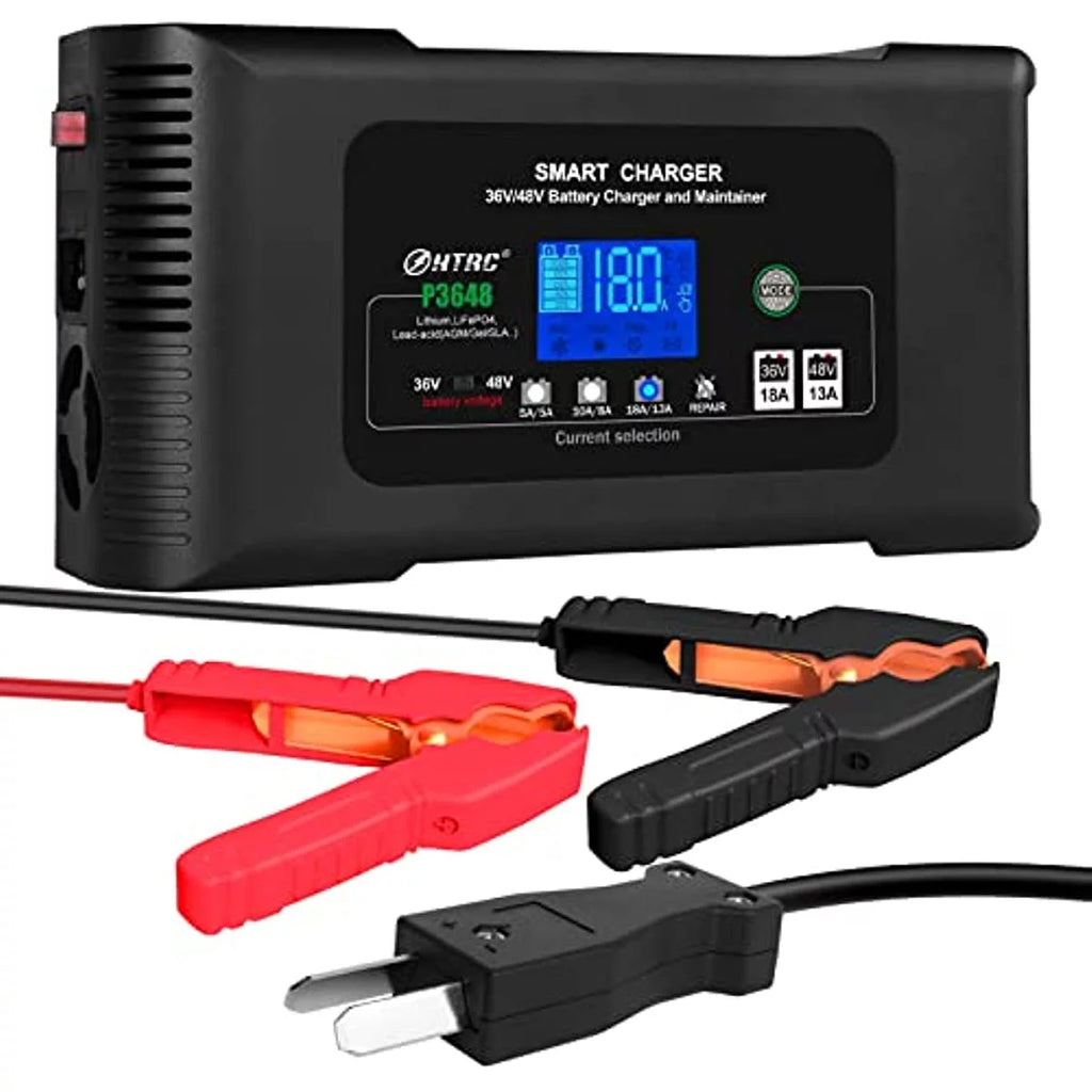 HTRC 36V 18-Amp and 48V 13-Amp Golf cart Charger , Car Battery Charger, Trickle Charger,Lithium,LiFePO4,Lead-Acid AGM/Gel/SLA..Battery Charger, for Club Car, EZGO & Yamaha with Crowfoot Plug