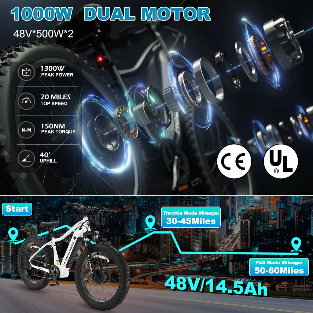 ABORON Electric Bike for Adults, 1000W Dual Motor AWD, 26" Fat Tire Mountain Ebike P938410