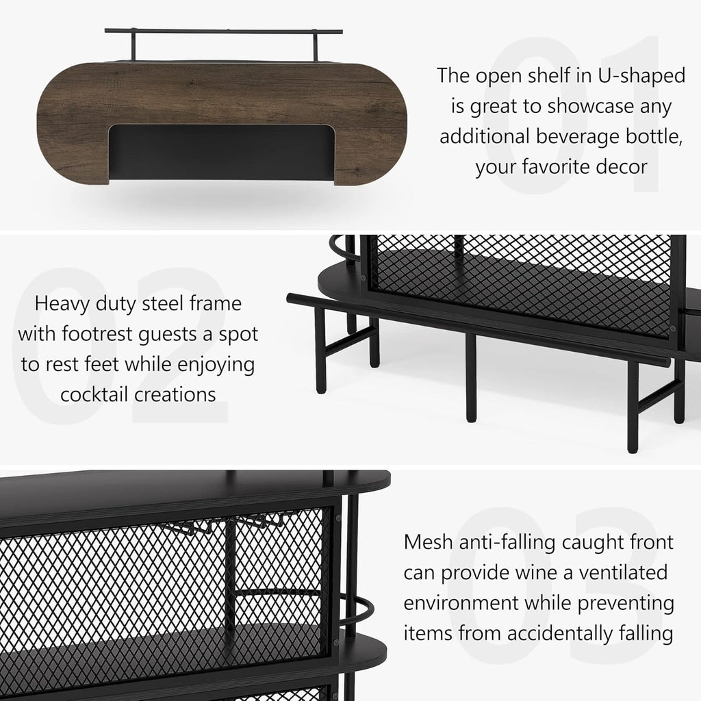 4 Tier Bar Cabinet with Storage Shelves, Foot Rail and Wine Glasses Holder, Black and Walnut Z731