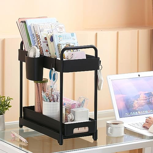 2 Pack Double-Layer Under Sink Organizer with Sliding Shelf, 4 Hooks and Cup Slot (Black) Y477401