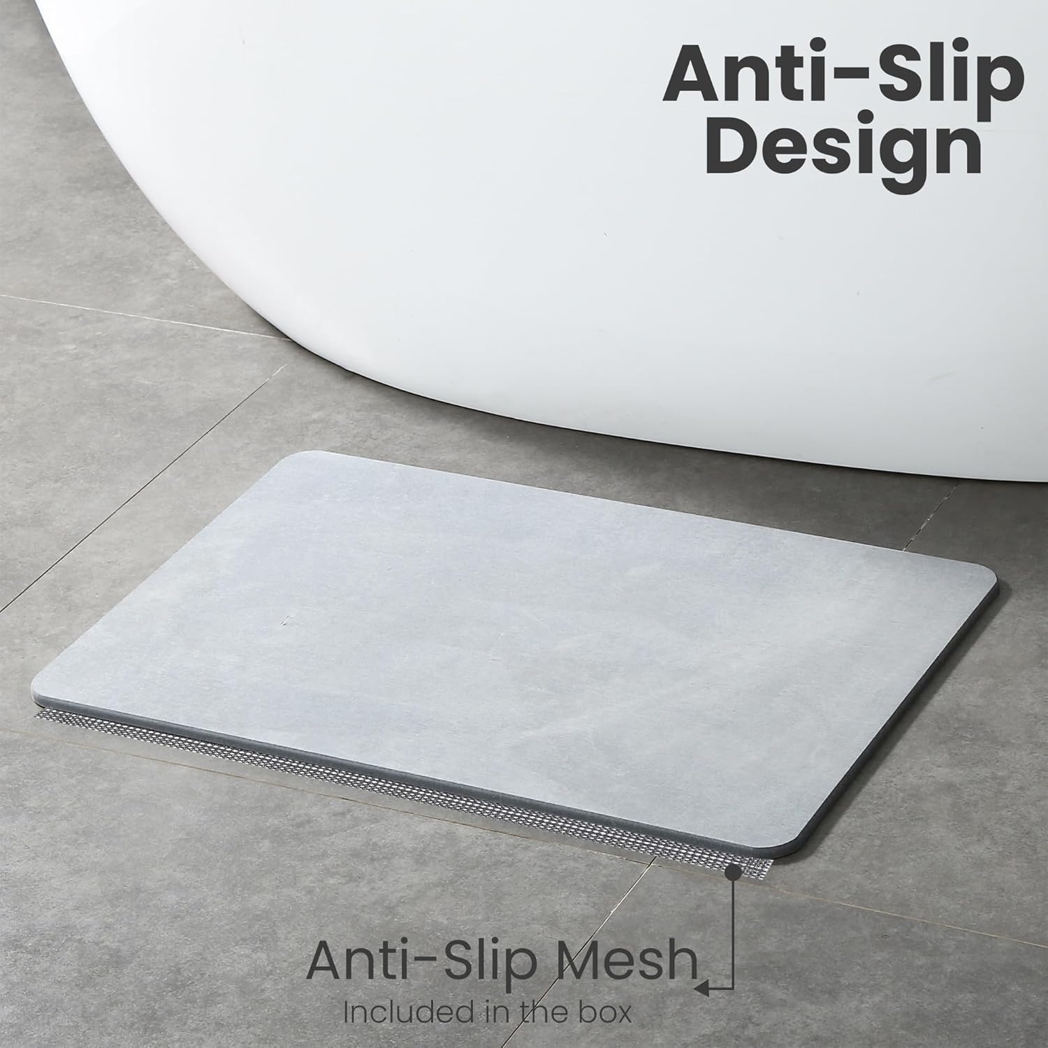 Diatomite Stone Bath Mat Non-Slip Fast Drying Gray 23.62 x 15.3 E800