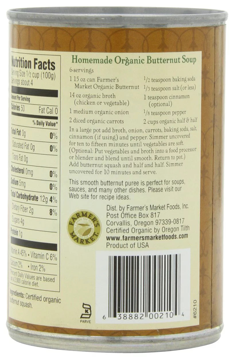 Farmer's Market Foods Organic Butternut Squash, 15 oz Cans (Pack of 12) K4574