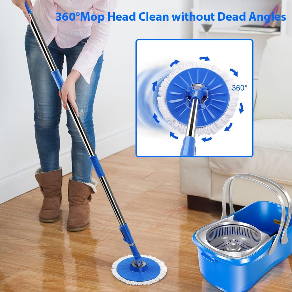 MASTERTOP Spin Mop and Bucket with Wringer, Microfiber Floor Cleaning System, Stainless Steel Handle, 5 Reusable Pads H3282