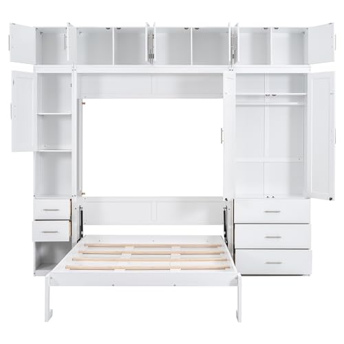 Harper & Bright Designs Full Size Murphy Bed with Lockers and Wardrobes, White N46034