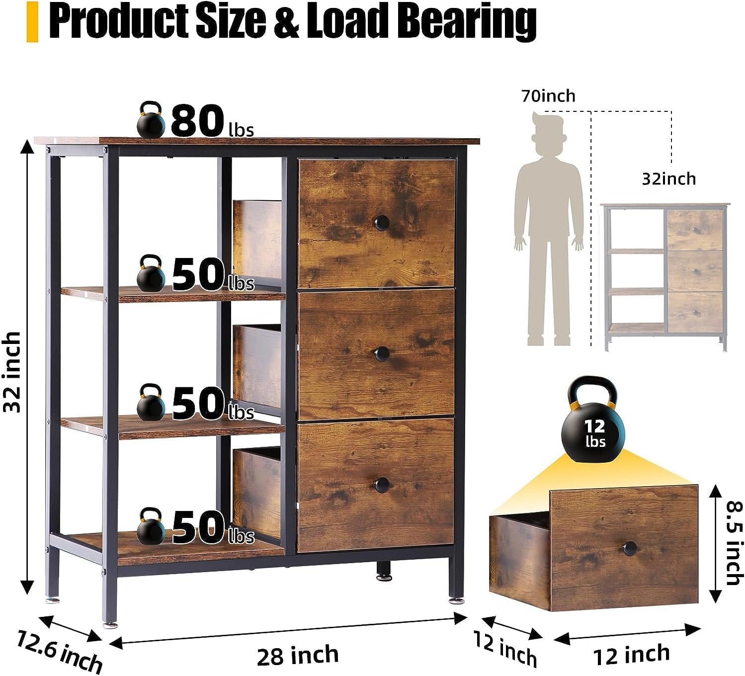 Farmhouse Coffee Station Cabinet with 3 Wooden Drawers & Shelves, Brown V16350