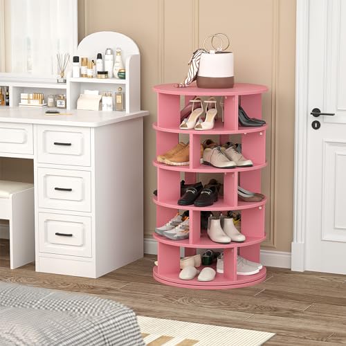 Aheaplus Rotating Shoe Rack, 5-Tier Wood Shoe Organizer, 360° Spinning, Pink O13204