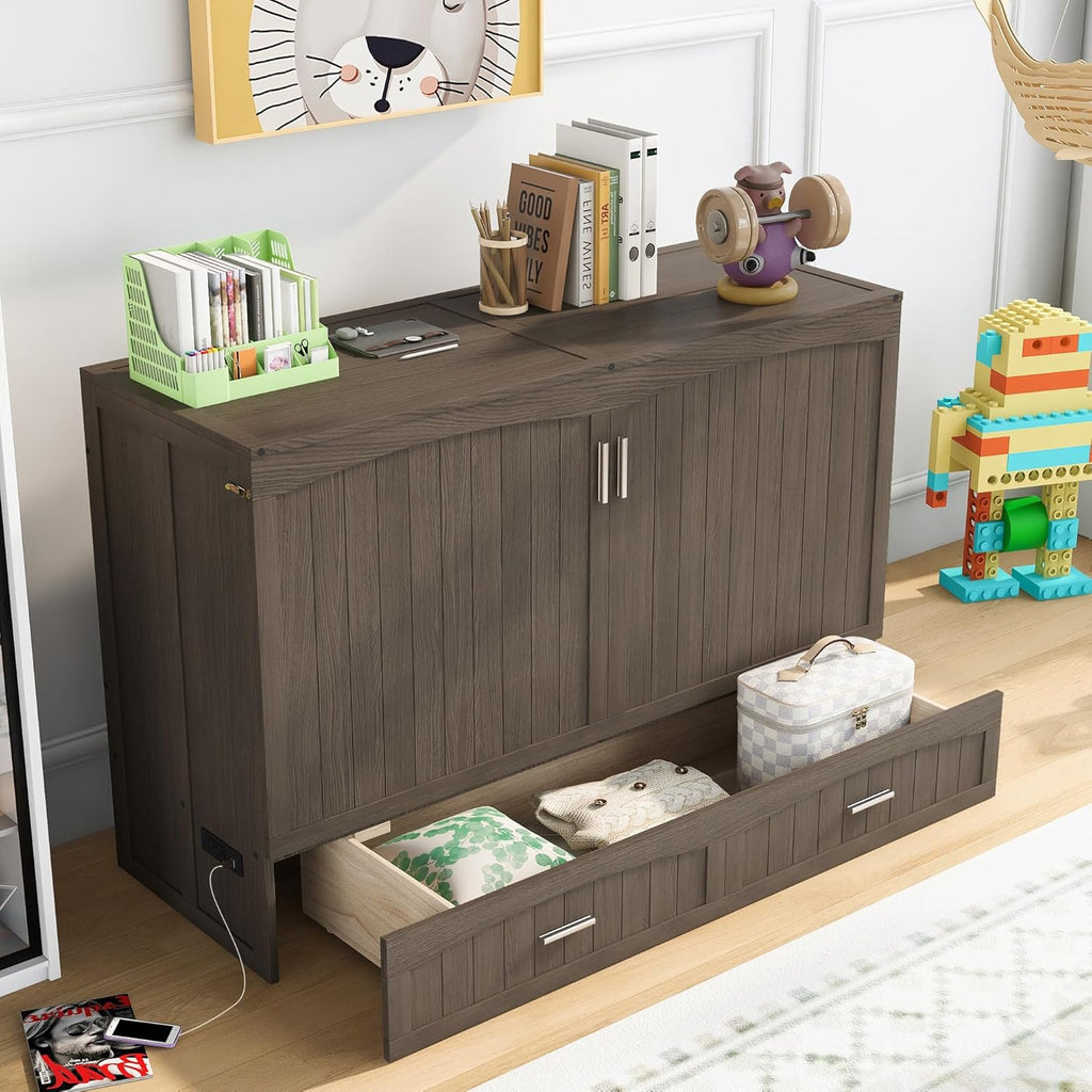 Queen Murphy Bed Cabinet, Wood Murphy Bed Chest Bed with Drawer and Charging Station, 63'' Foldable Cabinet Bed for Dorm Loft Corner or Small Space