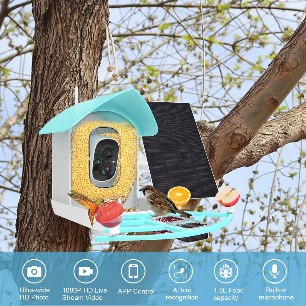 Smart Bird Feeder with Camera Solar Powered 1080P WiFi Waterproof S736795
