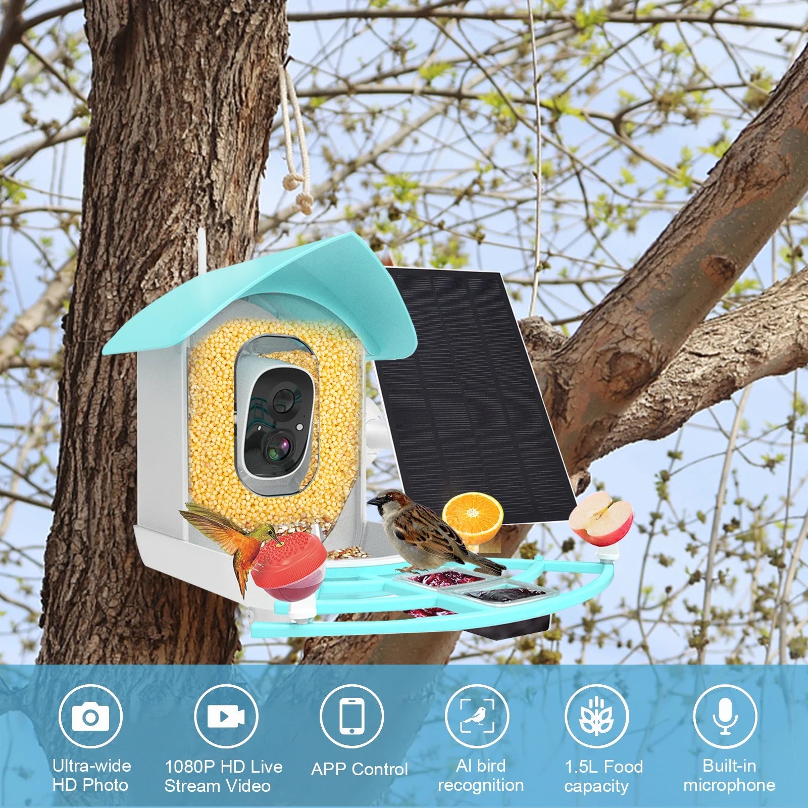 Smart Bird Feeder with Camera Solar Powered 1080P WiFi Waterproof S736795