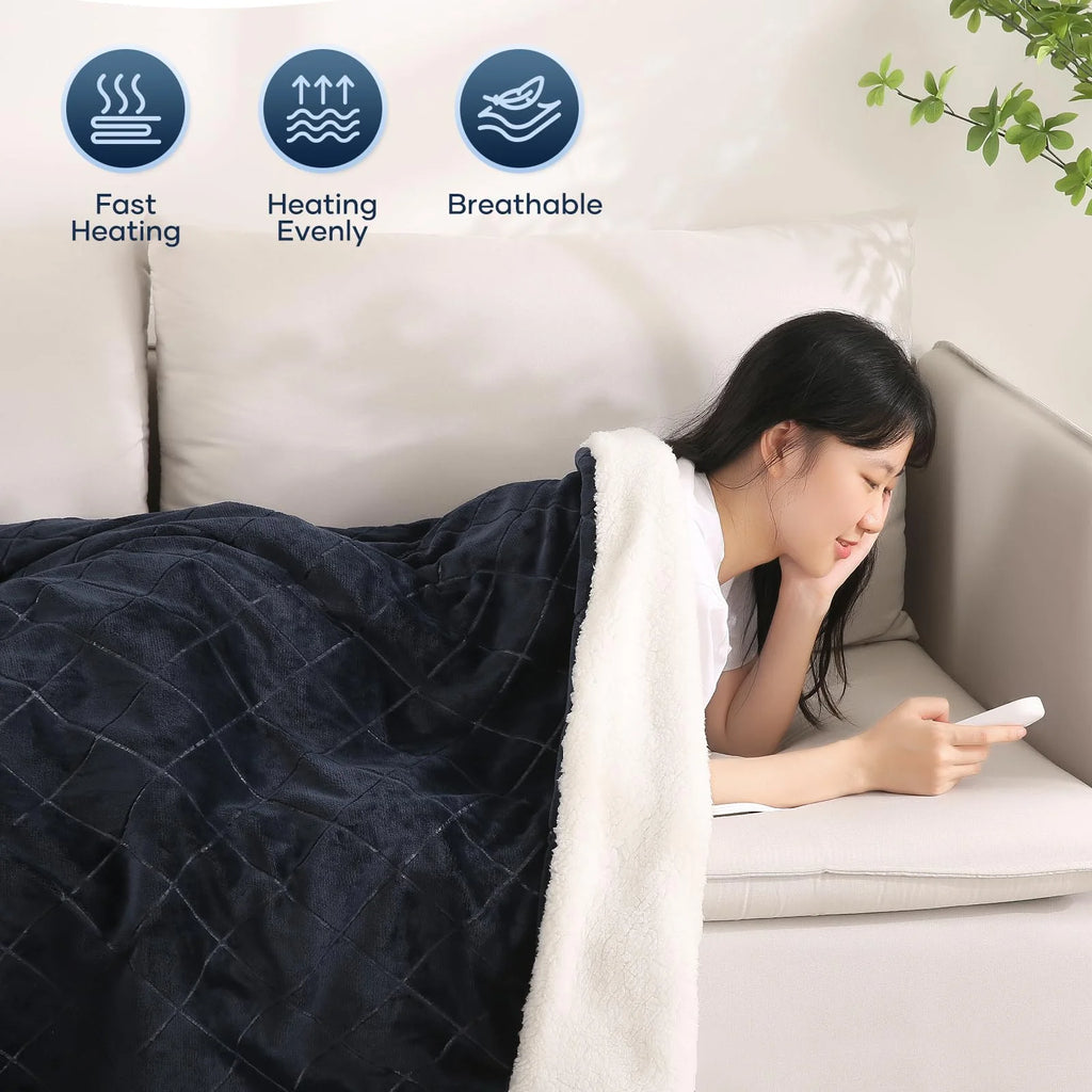 Entil Electric Heated Throw Blanket 50"x60" Dark Blue Flannel & Sherpa Y458