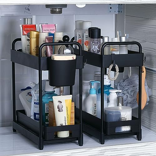 2 Pack Double-Layer Under Sink Organizer with Sliding Shelf, 4 Hooks and Cup Slot (Black) Y477401
