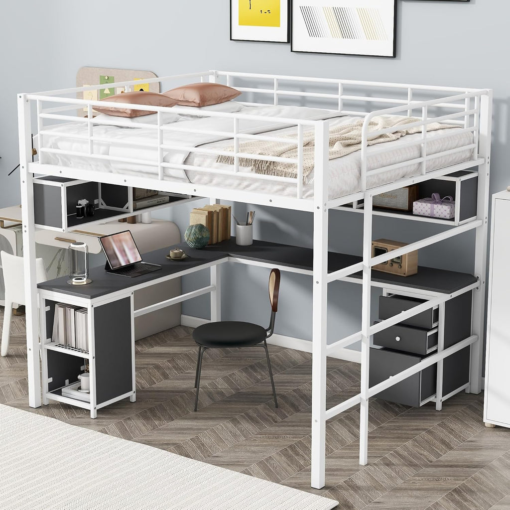 Metal Loft Bed with Bookcase, Desk and Cabinet, Full, White Q330