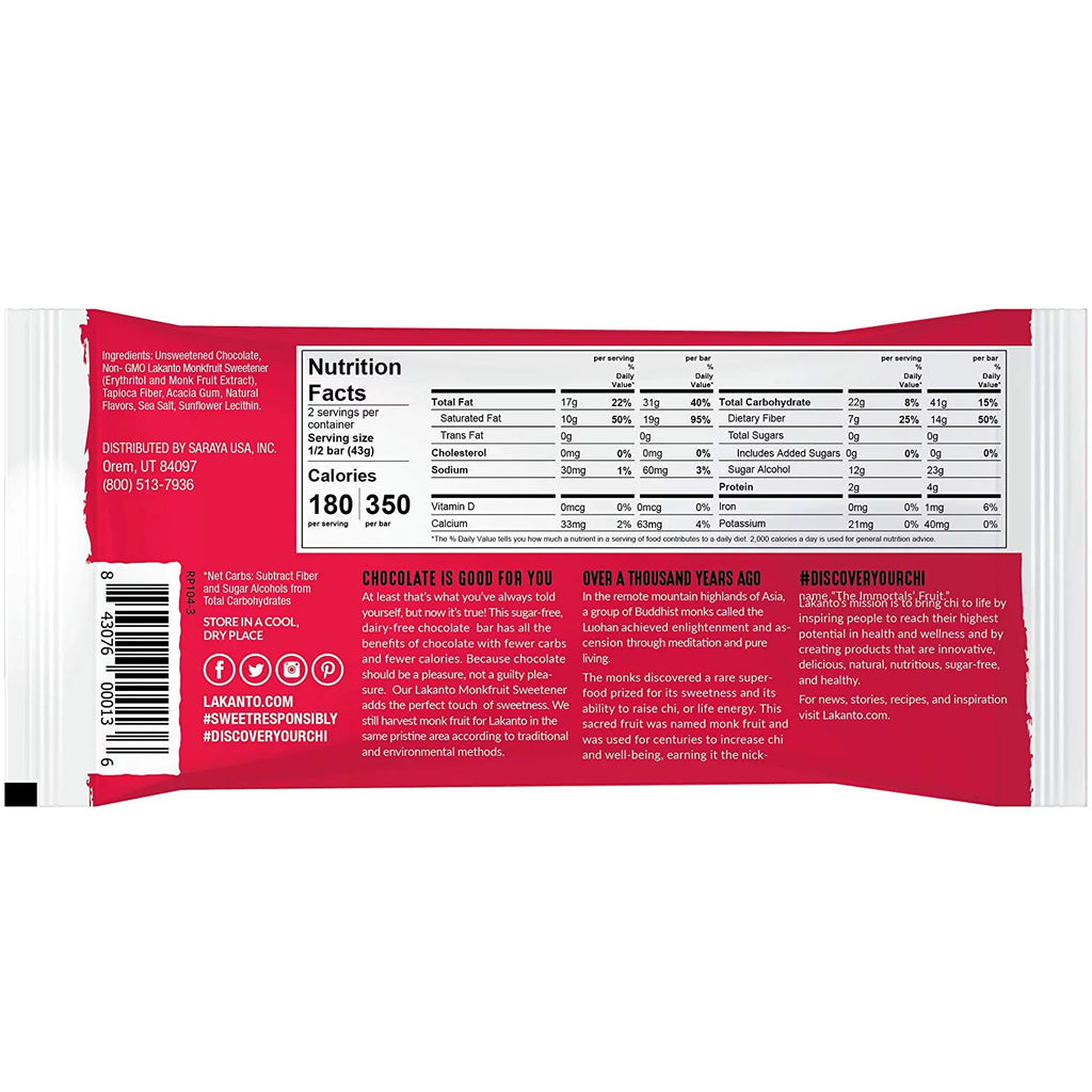 Lakanto Sugar Free Chocolate Bars 55% Dark Cacao, Monk Fruit Sweetened, Keto, 8 Pack X917