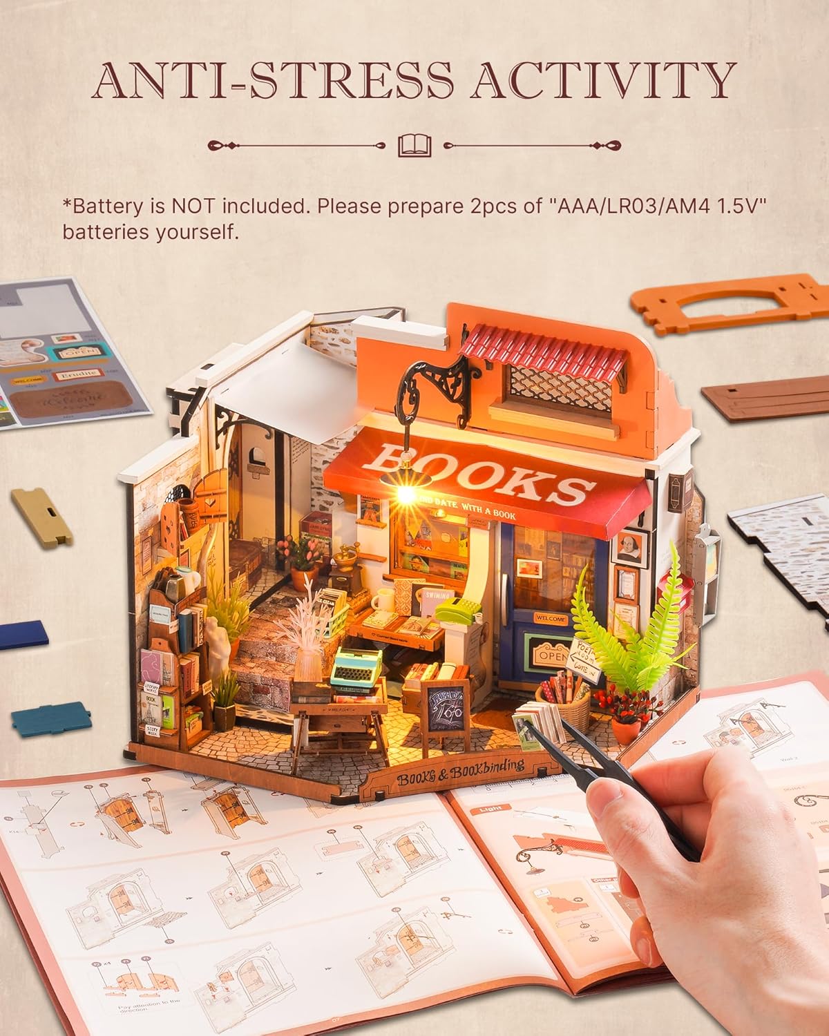 Rolife DIY Miniature House Kit 1:20 Scale Bookstore with LED Lights D629