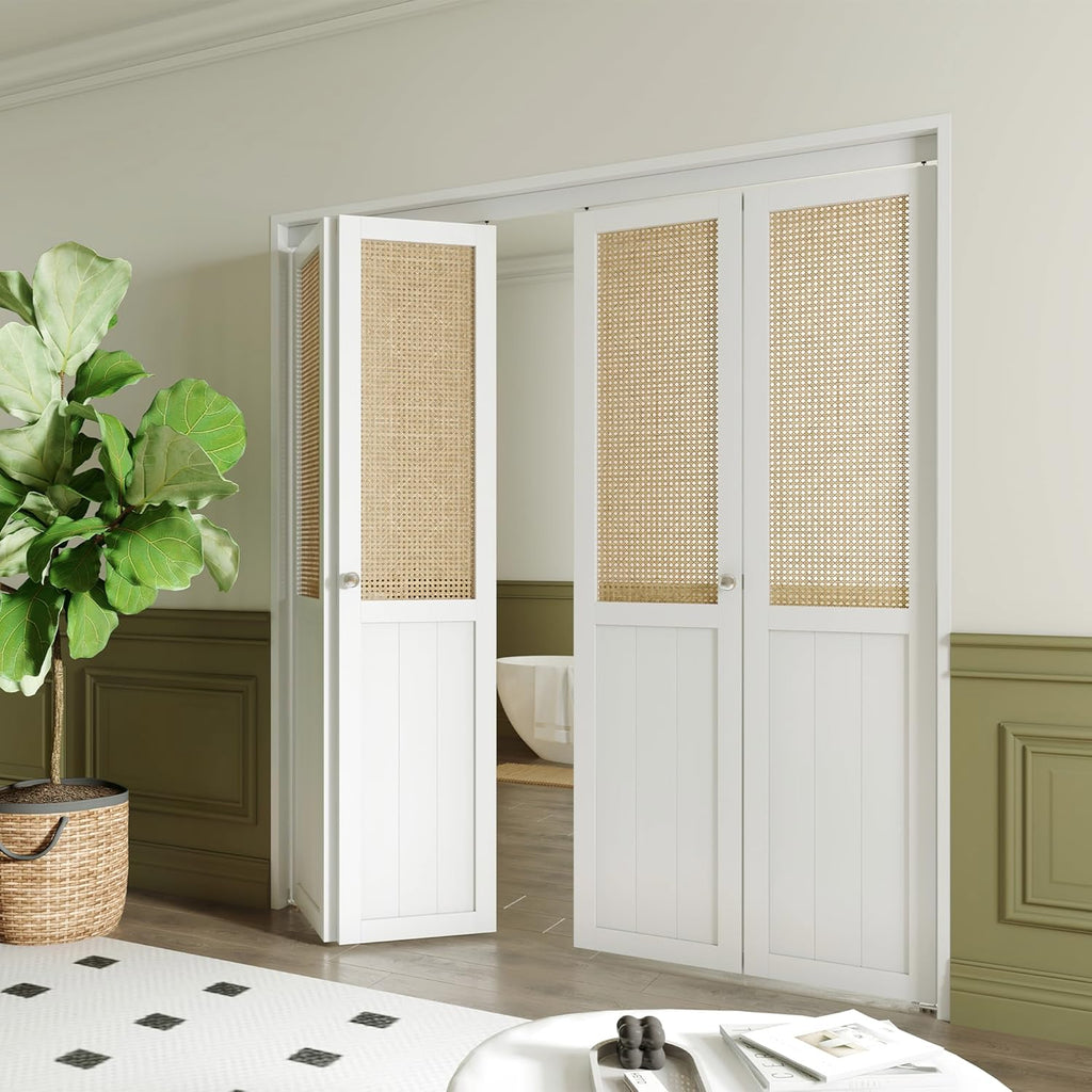 BARNER HOME Cane Bi-fold Doors - for 72"x 80" (Double 36" x 80" Doors) Opening, Webbing & Wood Interior Door Slab, Including Hardware, MDF, White Folding Door for Wardrobe