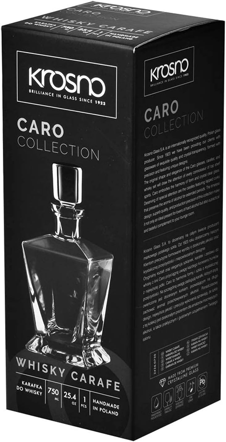 Krosno Whiskey Decanter Carafe with Stopper, 25.4 oz, Caro Collection, Made in Europe Q540043