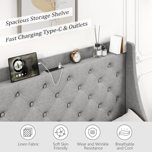 Queen Bed Frame with 4 Storage Drawers, USB Charging Station, Upholstered Wingback Headboard I776