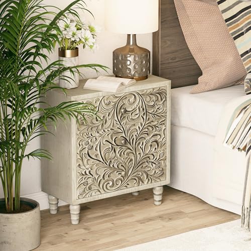 LONYKE 3 Drawer Farmhouse Dresser with Embossed Flower Motif, Weathered White P4937