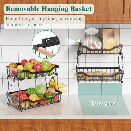 3 Tier Countertop Fruit Basket for Kitchen with Banana Hangers, Black V979701