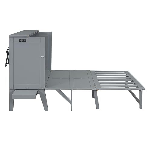 XD Designs Full Size Murphy Bed with Cabinet and Drawers, Solid Wood Wall Bed H5917