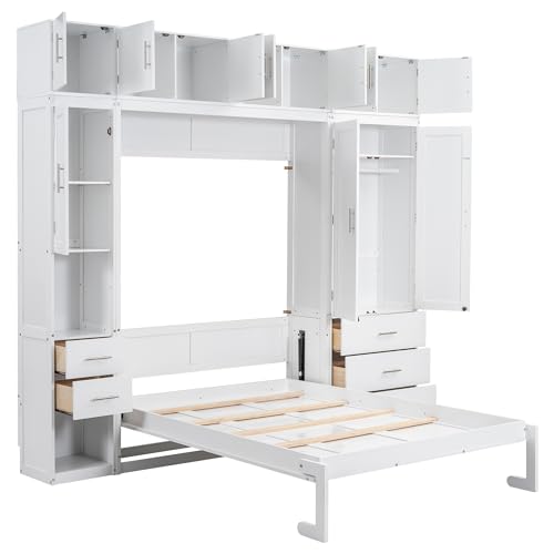 Harper & Bright Designs Full Size Murphy Bed with Lockers and Wardrobes, White N46034