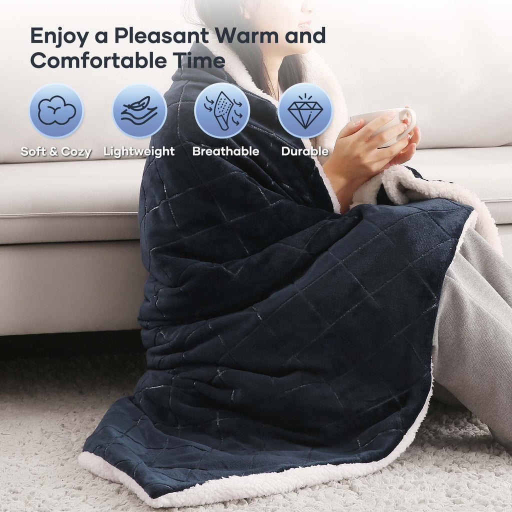 Entil Electric Heated Throw Blanket 50"x60" Dark Blue Flannel & Sherpa Y458
