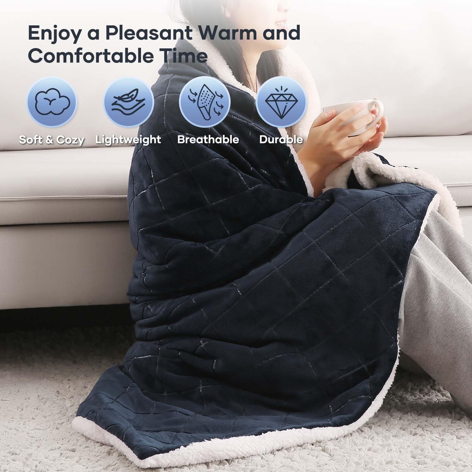 Entil Electric Heated Throw Blanket 50"x60" Dark Blue Flannel & Sherpa Y458