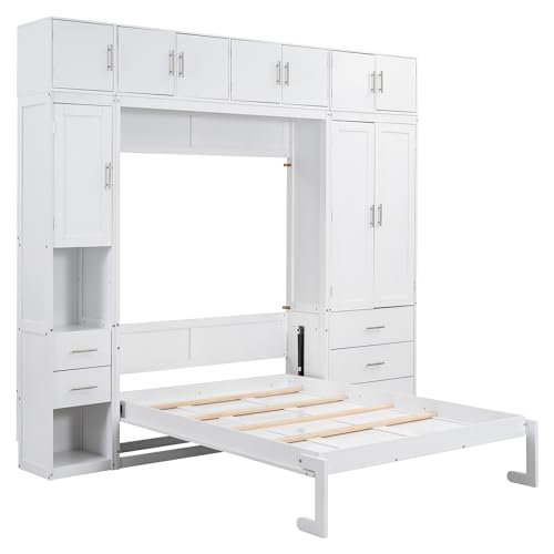 Harper & Bright Designs Full Size Murphy Bed with Lockers and Wardrobes, White N46034