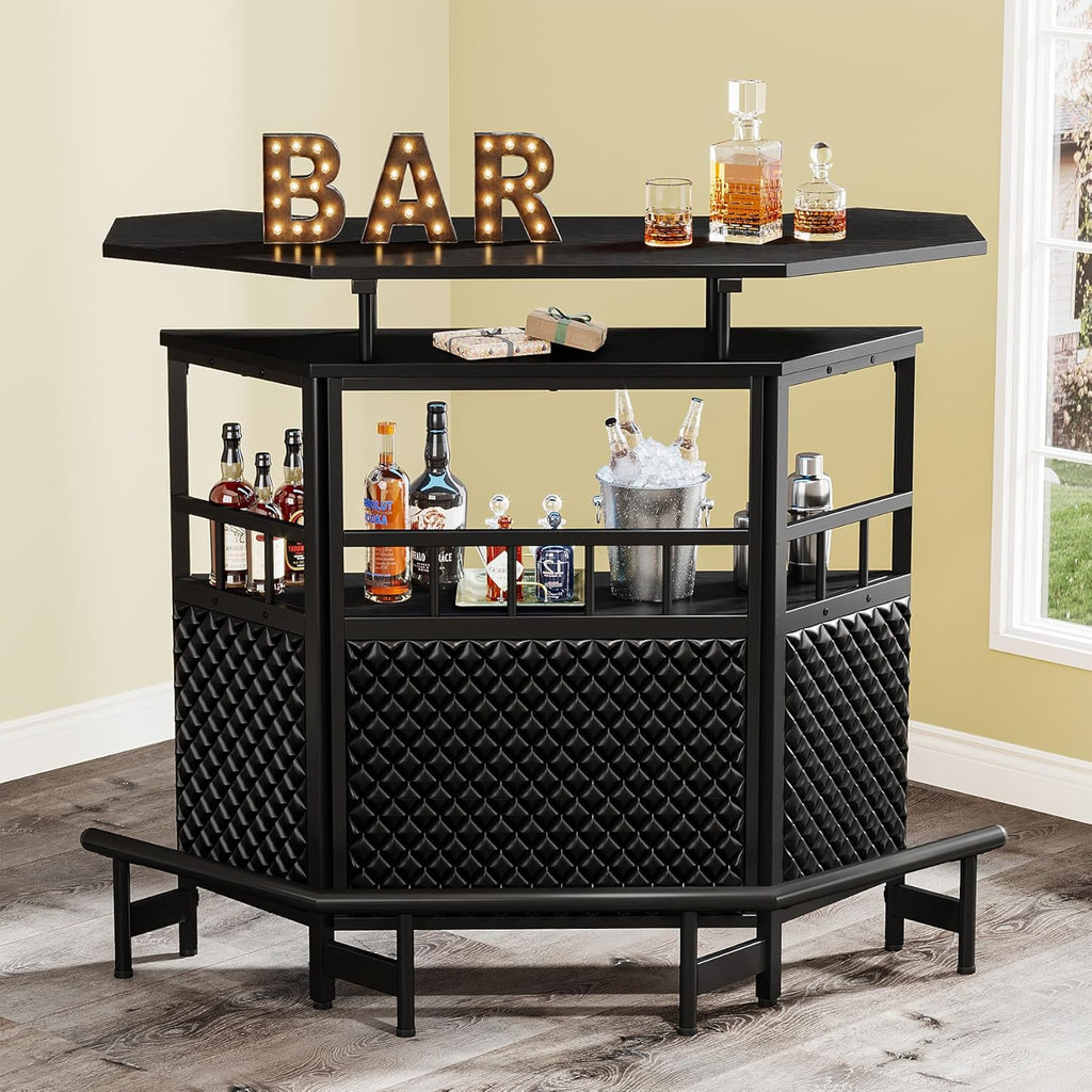 Bar Unit for Liquor, 4 Tier Home Bar Cabinet with Stemware Rack, Black Q2108
